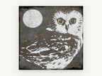 Moonlit Woodgrain Owl, owl and moon woodgrain illustration, animal canvas wall art print, front view