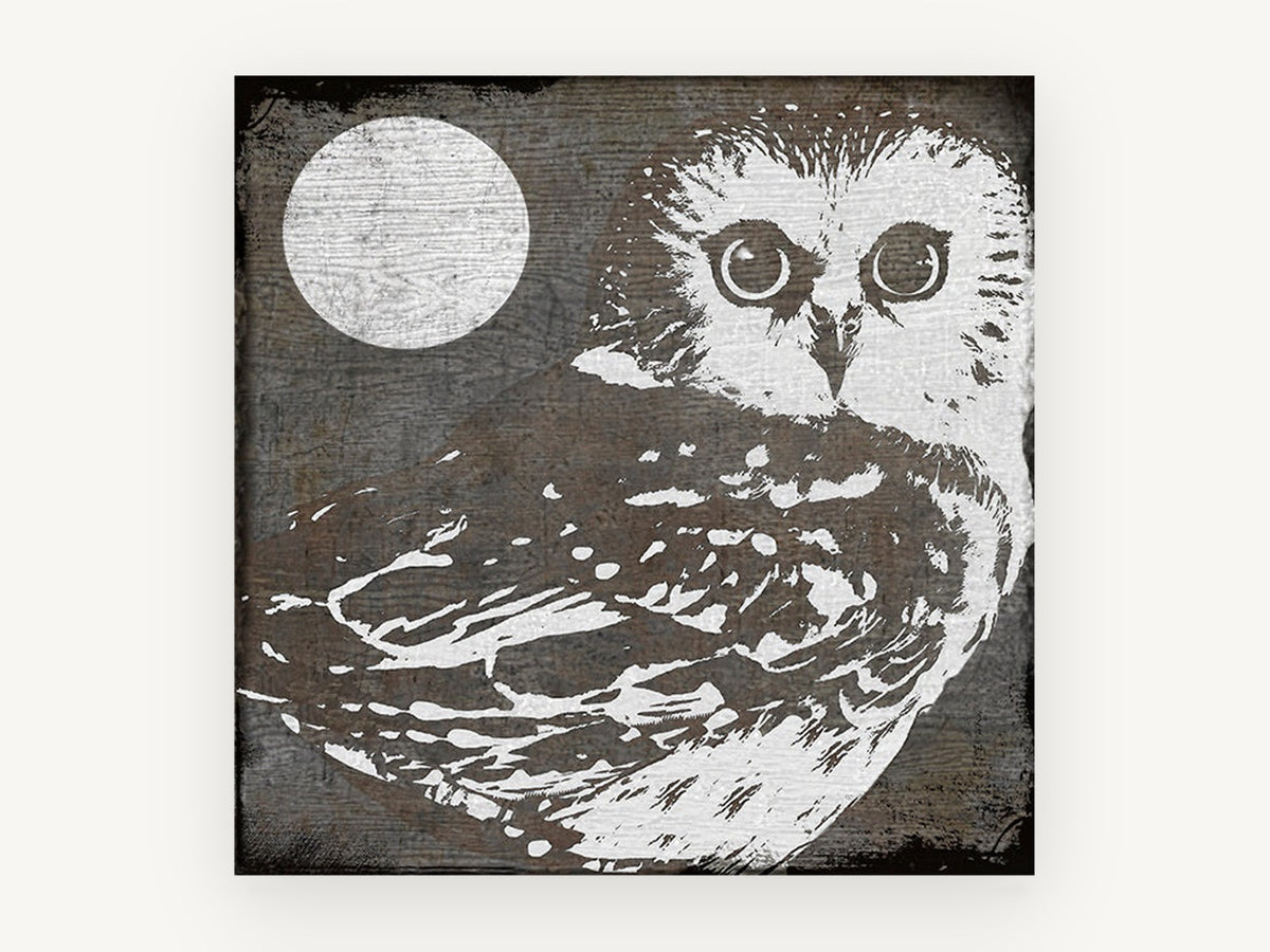 Moonlit Woodgrain Owl, owl and moon woodgrain illustration, animal canvas wall art print, front view