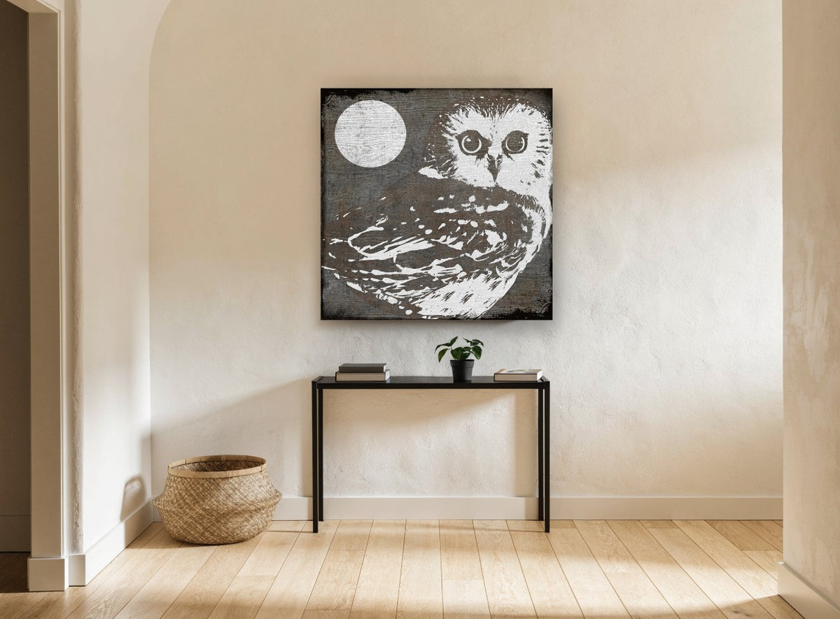 Moonlit Woodgrain Owl animal canvas print on the wall of a hallway