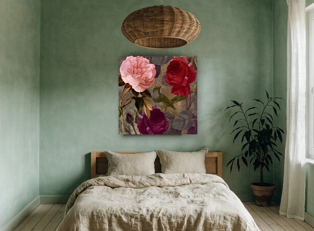Rose Garden Songbird floral canvas print on the wall of a bedroom