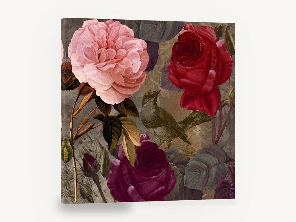 Rose Garden Songbird, pink and red roses with bird, floral canvas wall art print ready to hang