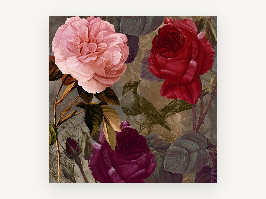 Rose Garden Songbird, floral canvas wall art print, front view