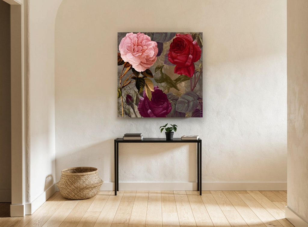Rose Garden Songbird floral canvas print on the wall of a hallway
