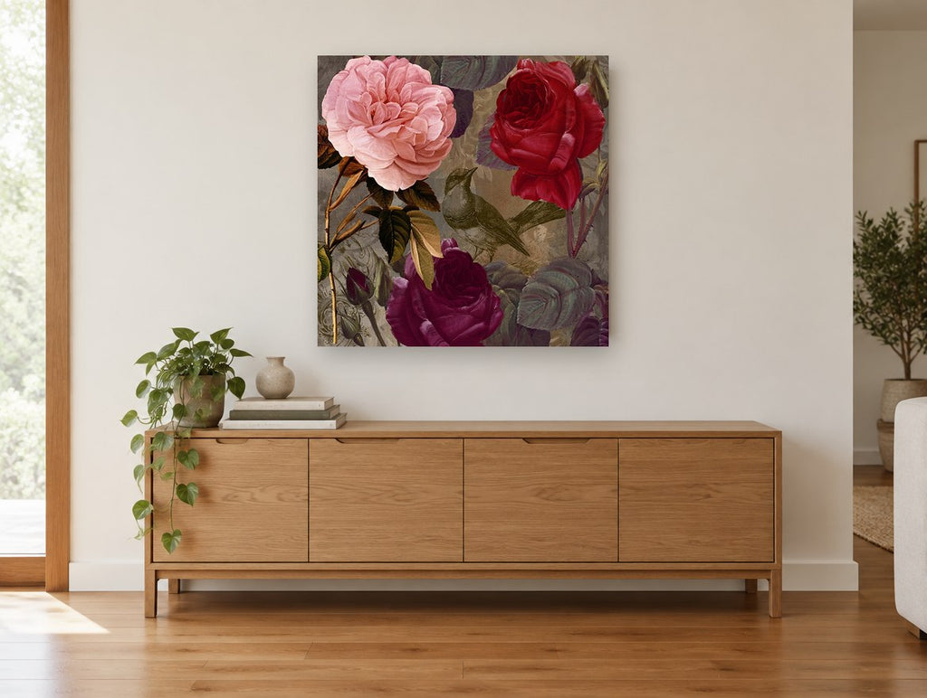 Rose Garden Songbird floral canvas print on the wall of a living room above a sideboard