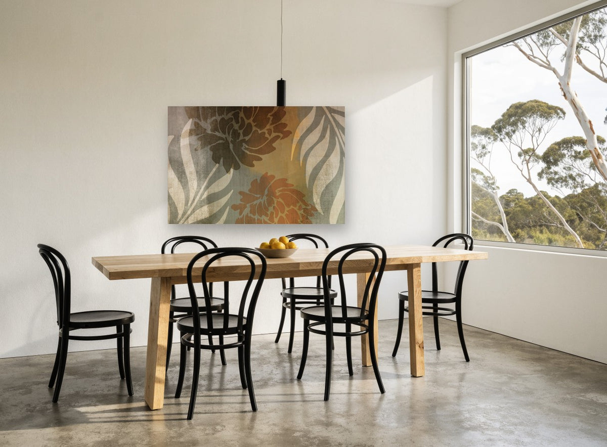 Rust Peony Silhouettes floral canvas print on the wall of a dining room