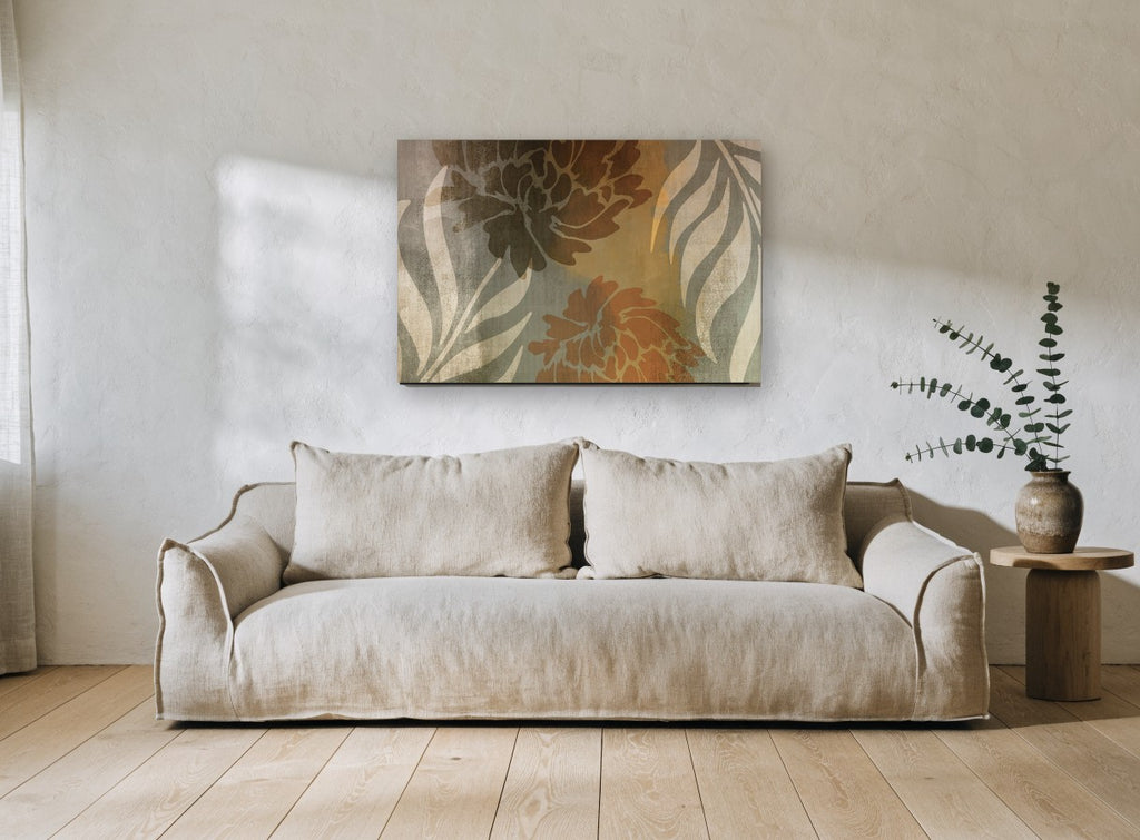 Rust Peony Silhouettes floral canvas print on the wall of a living room