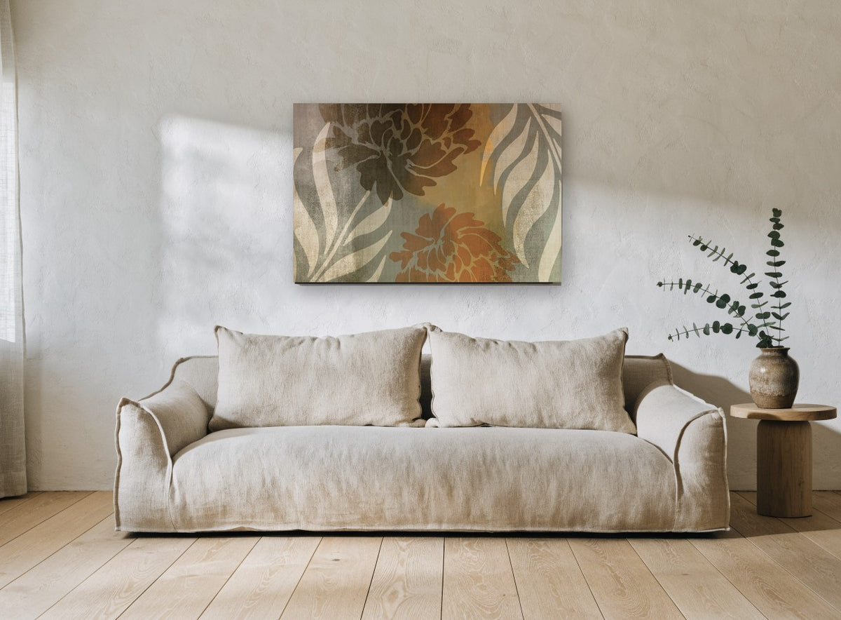Rust Peony Silhouettes floral canvas print on the wall of a living room