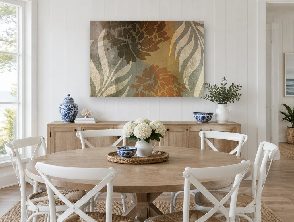 Rust Peony Silhouettes floral canvas print on the wall of a Hamptons dining room