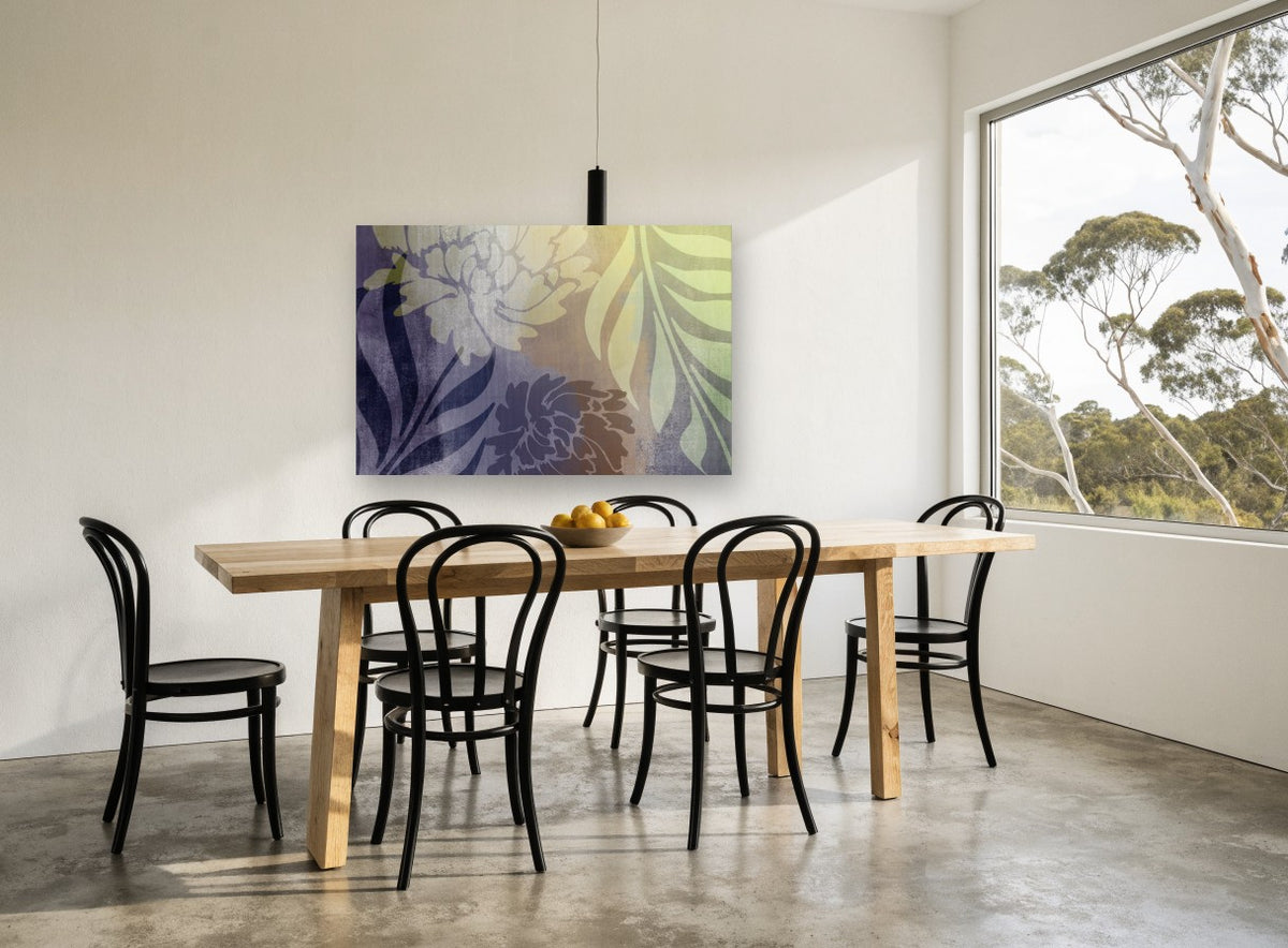 Dusk Peony Silhouettes floral canvas print on the wall of a dining room