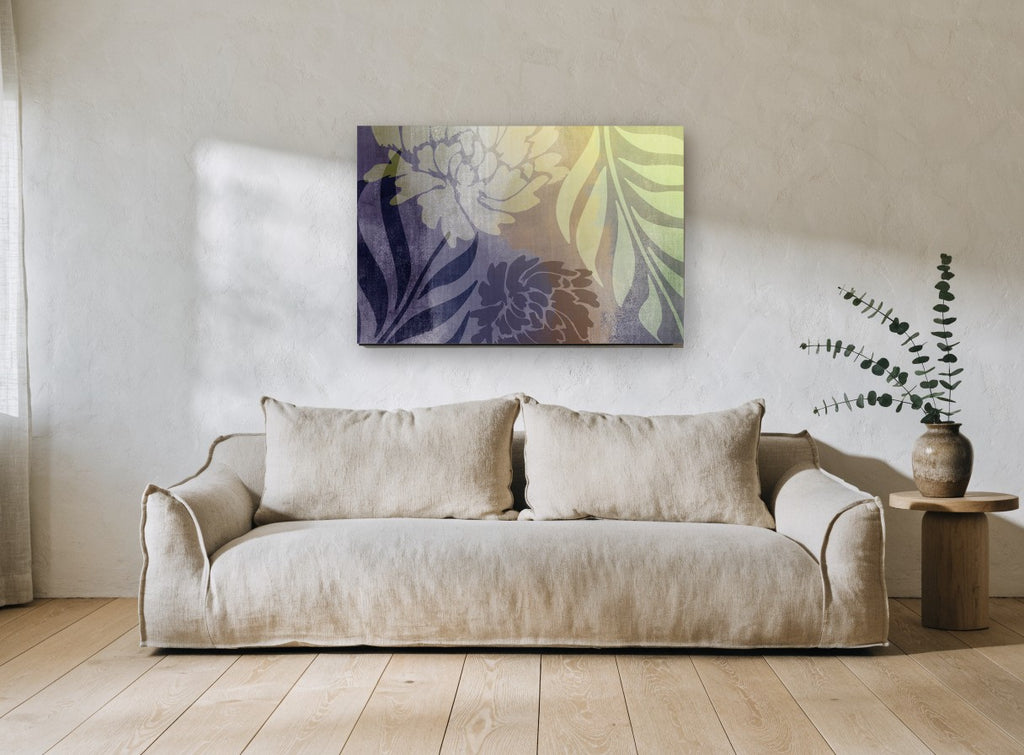 Dusk Peony Silhouettes floral canvas print on the wall of a living room