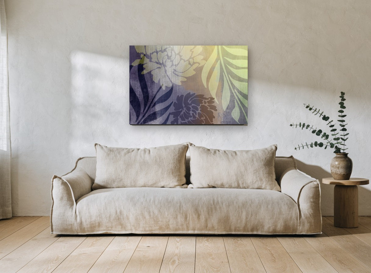 Dusk Peony Silhouettes floral canvas print on the wall of a living room