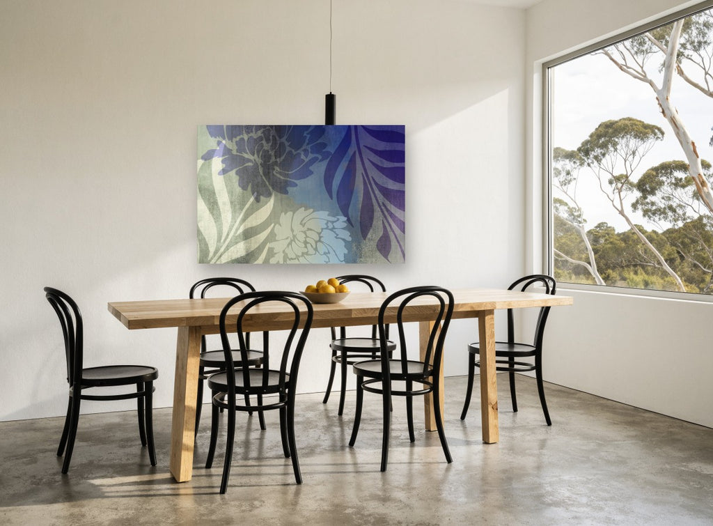 Dusk Peony Silhouettes floral canvas print on the wall of a dining room