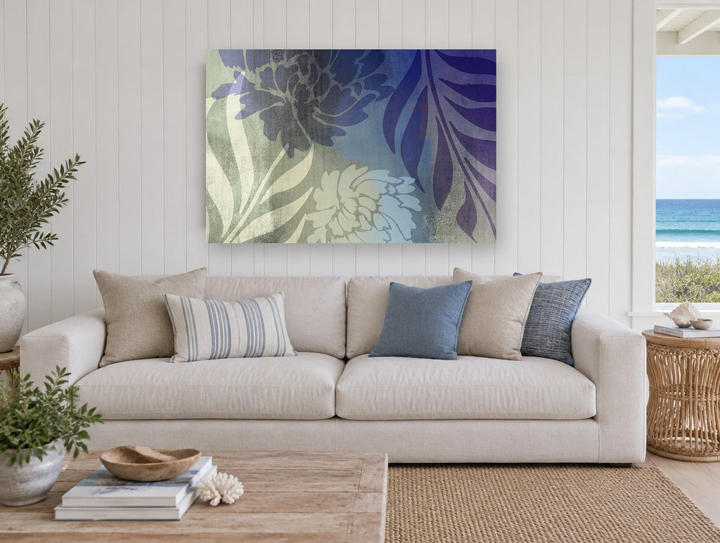 Dusk Peony Silhouettes floral canvas print on the wall of a beach house living room