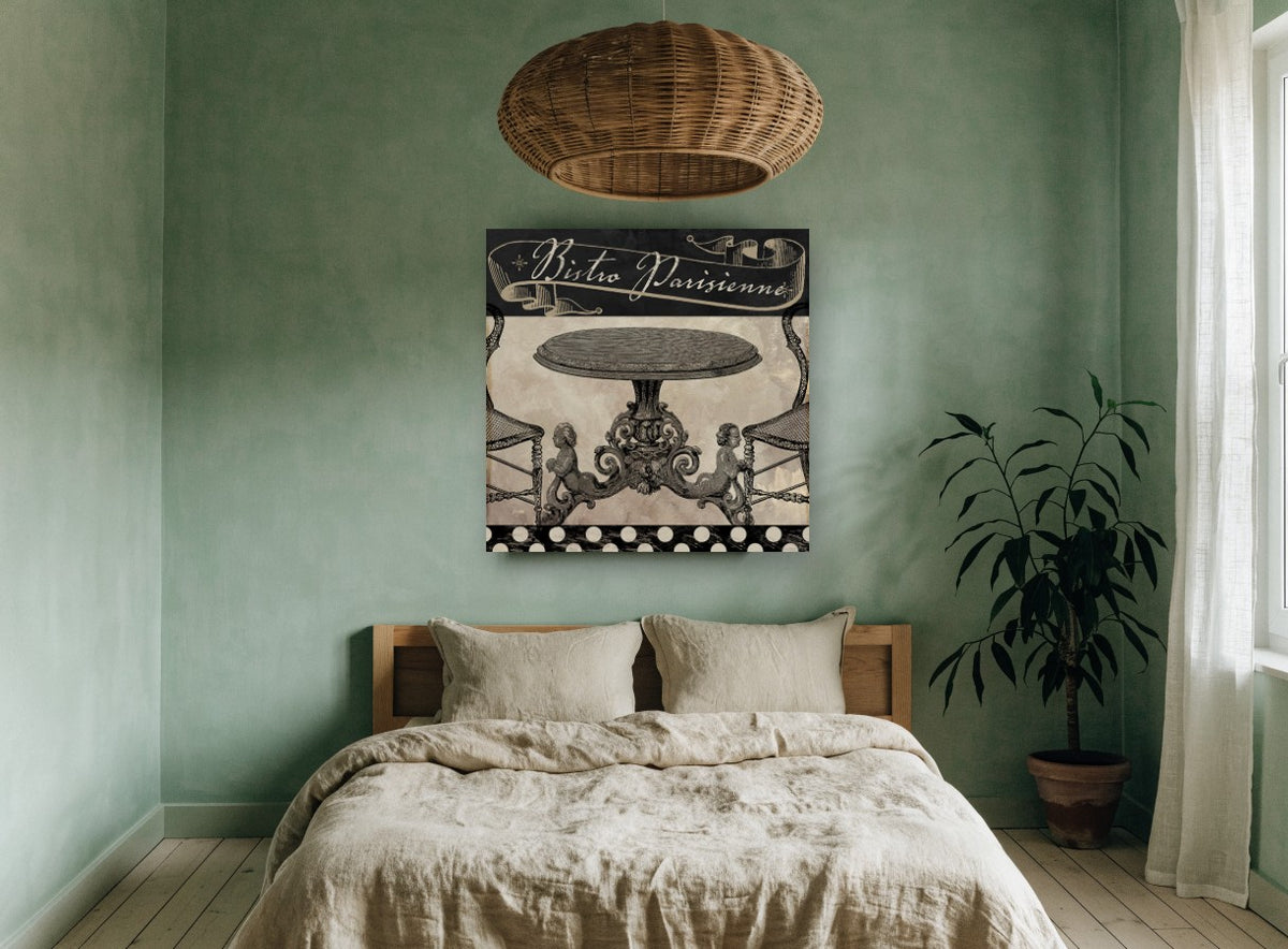 Bistro Parisienne Table vintage canvas print on the wall of a bedroom
