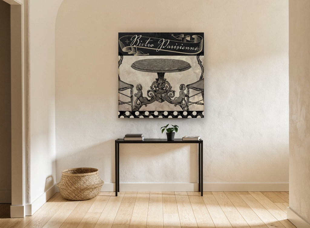 Bistro Parisienne Table vintage canvas print on the wall of a hallway
