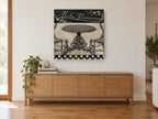 Bistro Parisienne Table vintage canvas print on the wall of a living room above a sideboard
