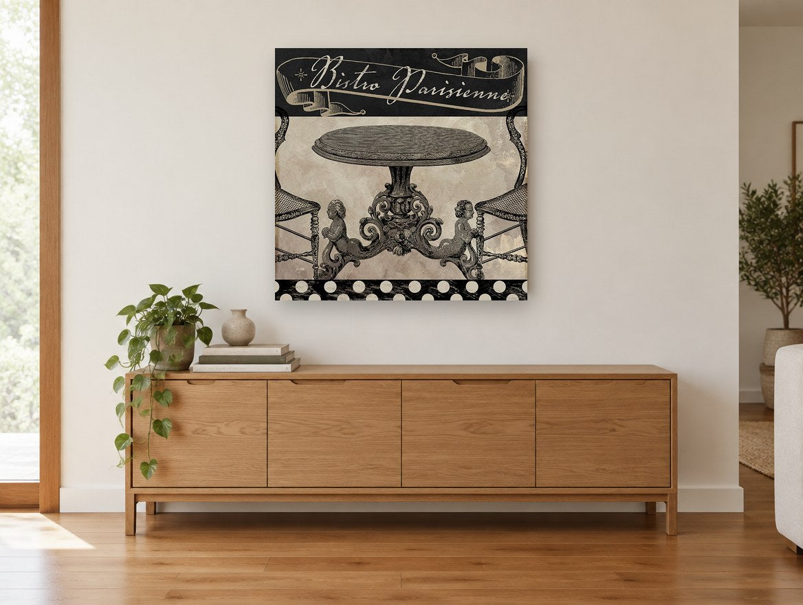 Bistro Parisienne Table vintage canvas print on the wall of a living room above a sideboard