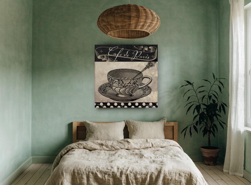 Café de Paris Teacup vintage canvas print on the wall of a bedroom