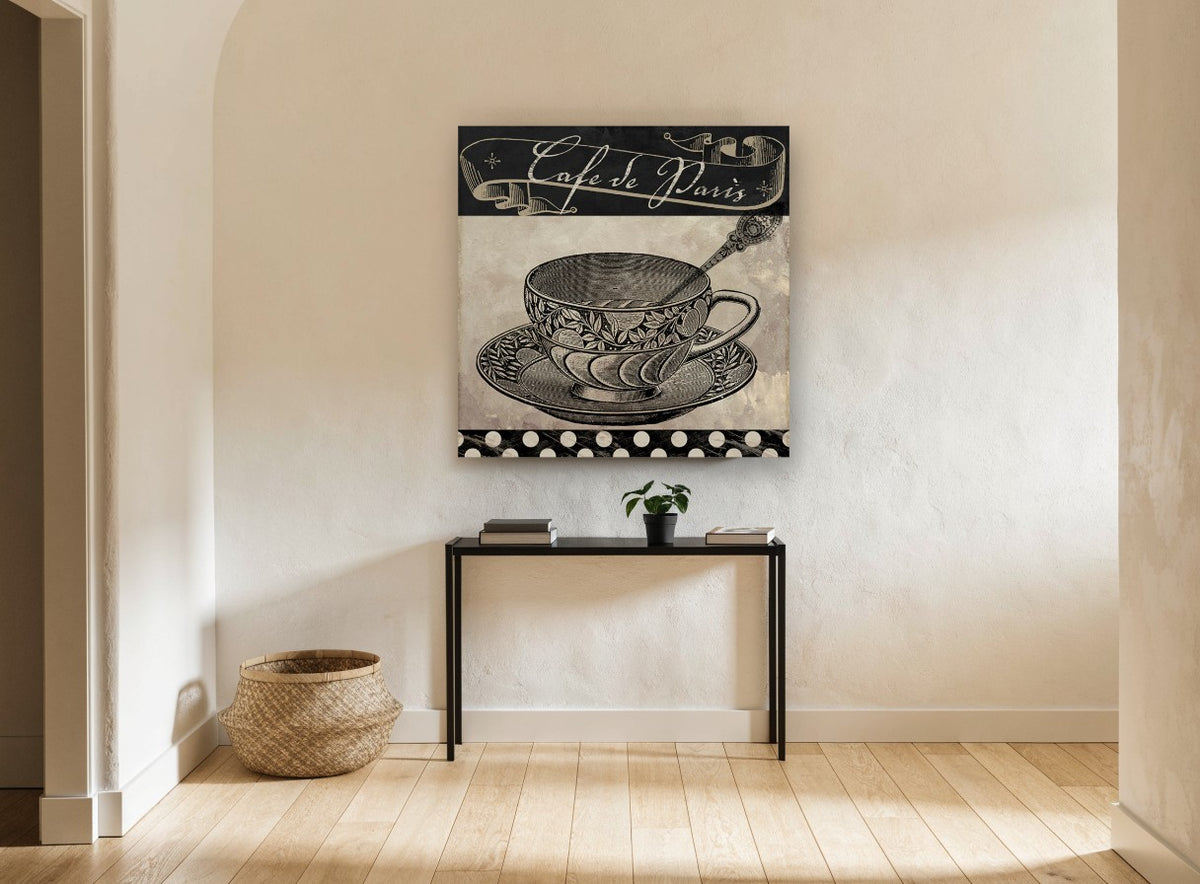 Café de Paris Teacup vintage canvas print on the wall of a hallway