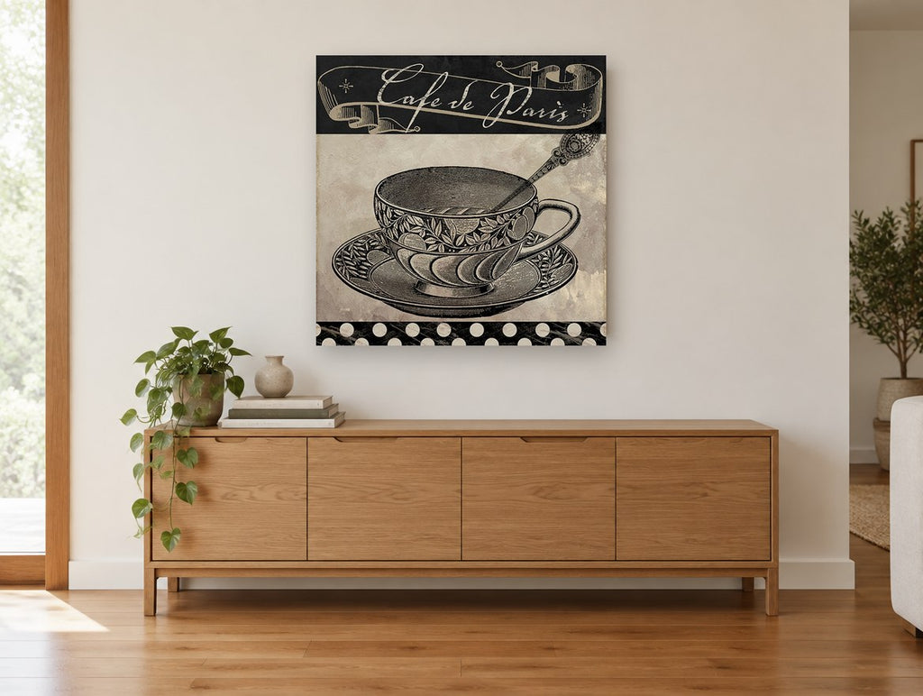 Café de Paris Teacup vintage canvas print on the wall of a living room above a sideboard