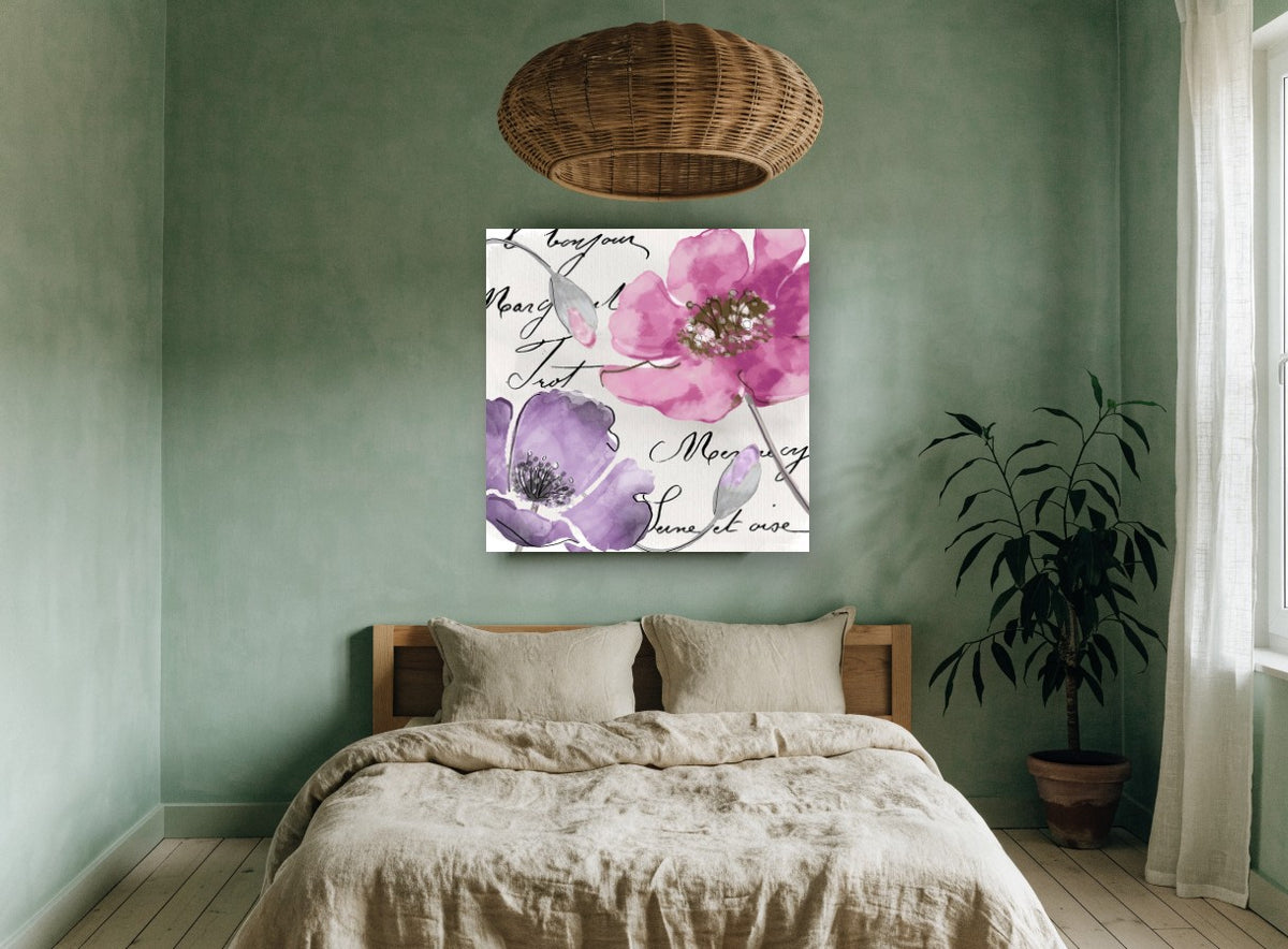 Pink and Lilac Script Poppies floral canvas print on the wall of a bedroom