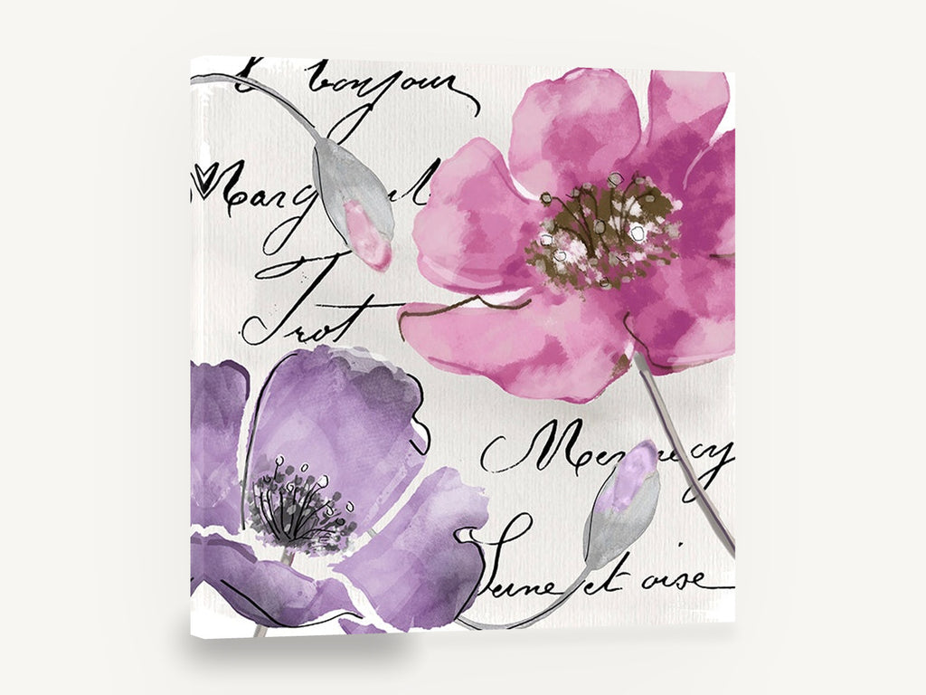 Pink and Lilac Script Poppies, pink lilac poppy watercolour script, floral canvas wall art print ready to hang