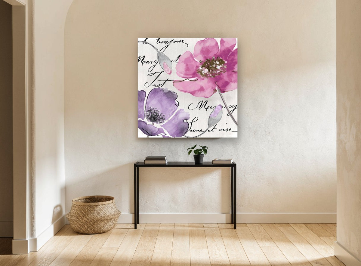 Pink and Lilac Script Poppies floral canvas print on the wall of a hallway