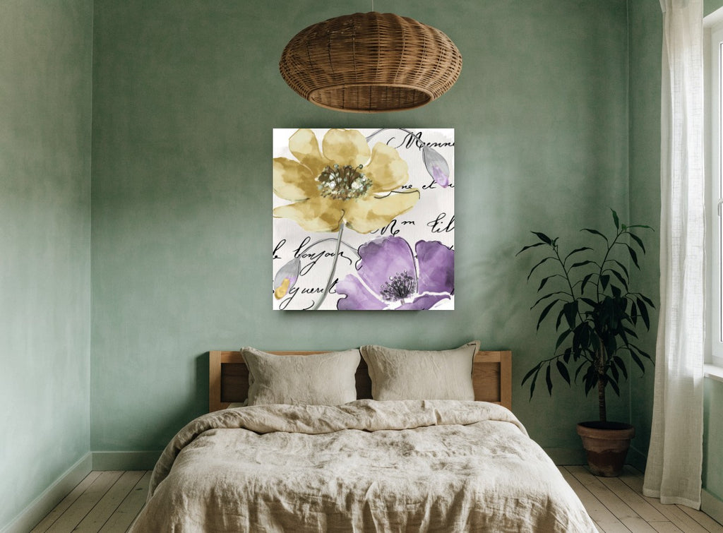 Gold and Violet Poppies floral canvas print on the wall of a bedroom
