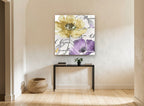 Gold and Violet Poppies floral canvas print on the wall of a hallway