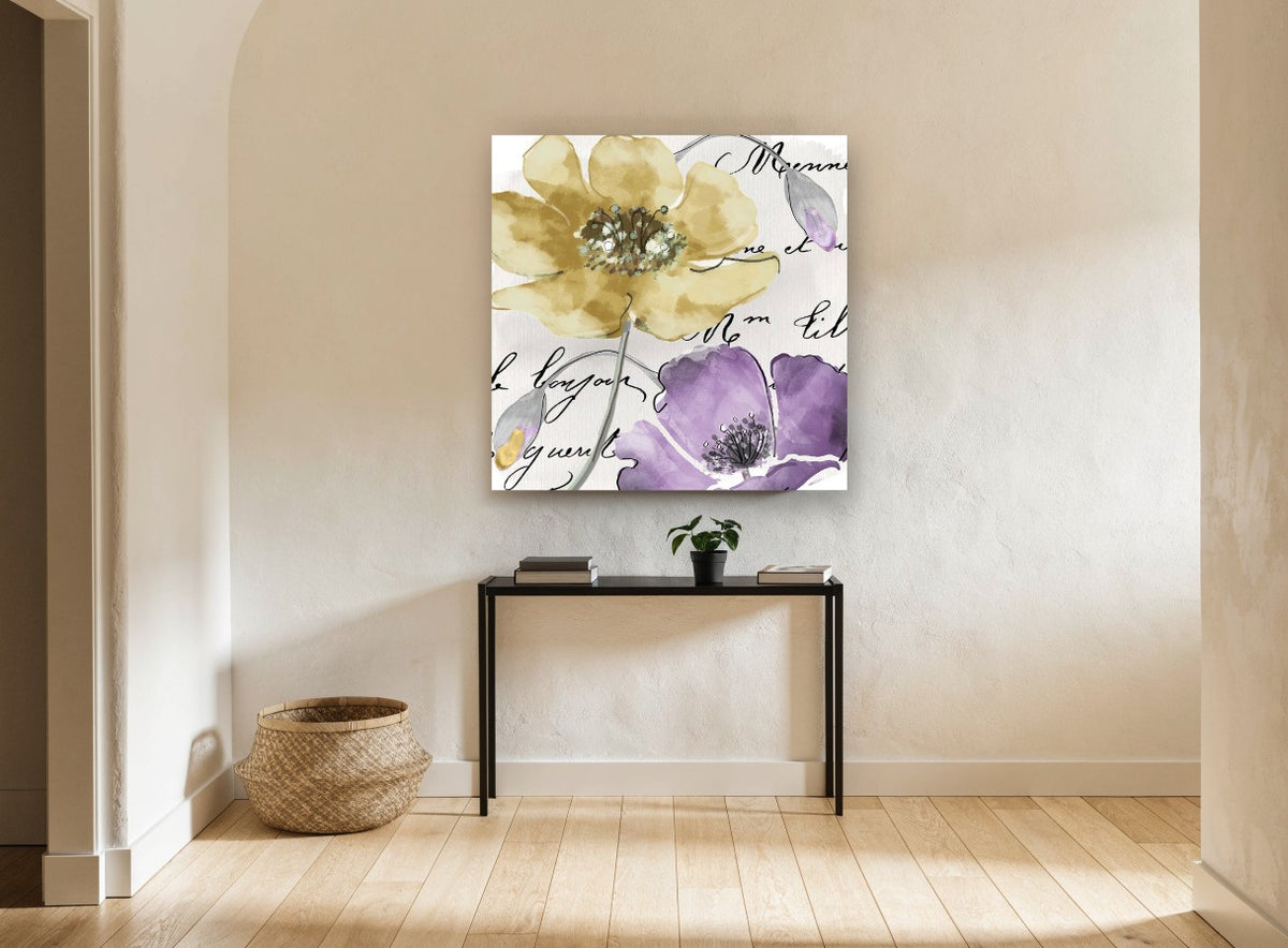Gold and Violet Poppies floral canvas print on the wall of a hallway