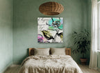 Bonjour Blossom Script floral canvas print on the wall of a bedroom