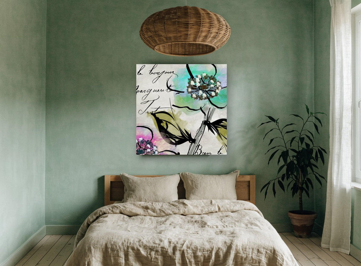 Bonjour Blossom Script floral canvas print on the wall of a bedroom