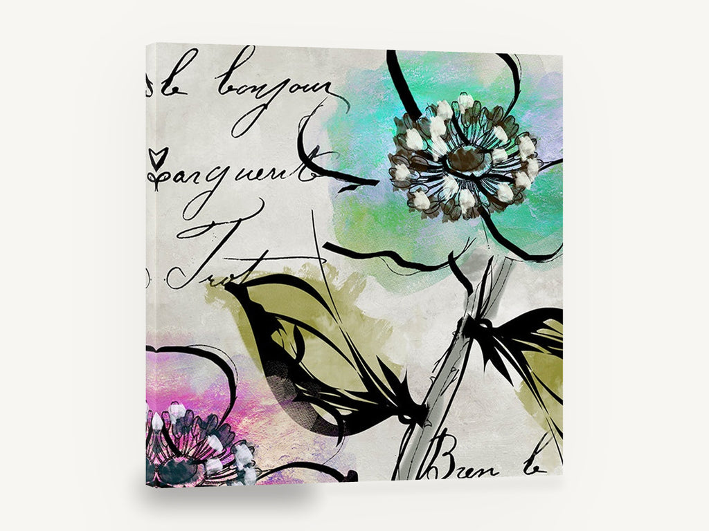 Bonjour Blossom Script, teal blossom script watercolour botanical, floral canvas wall art print ready to hang