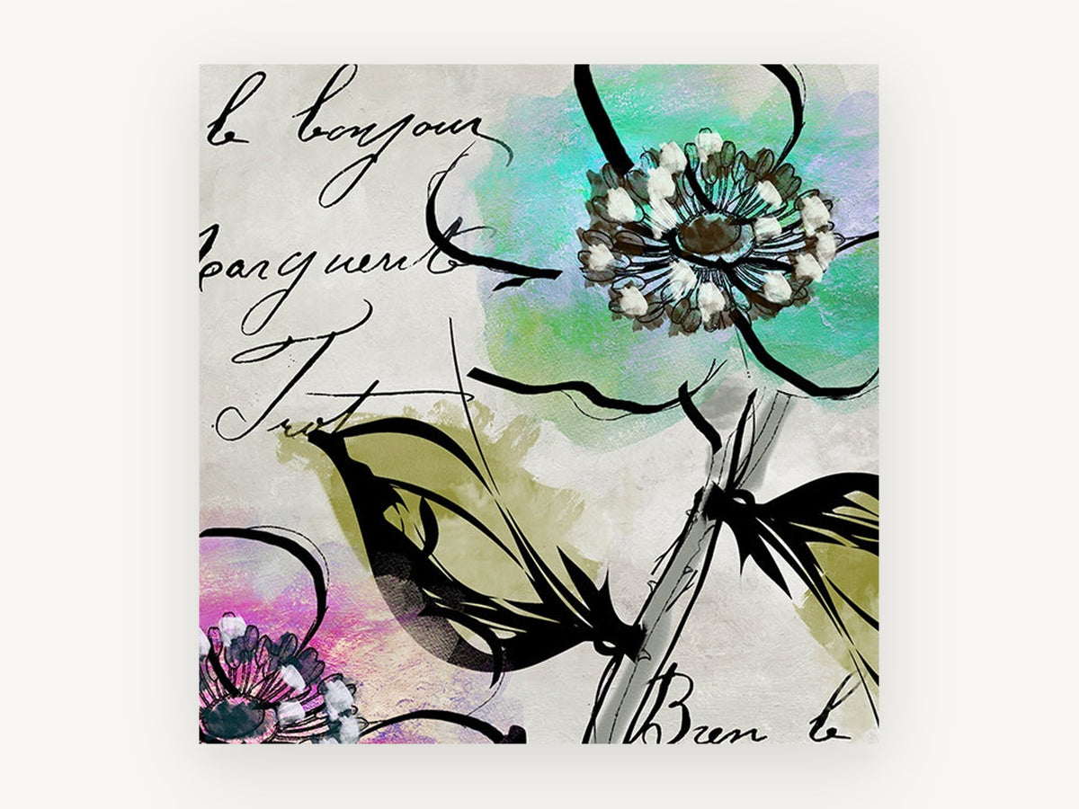 Bonjour Blossom Script, floral canvas wall art print, front view