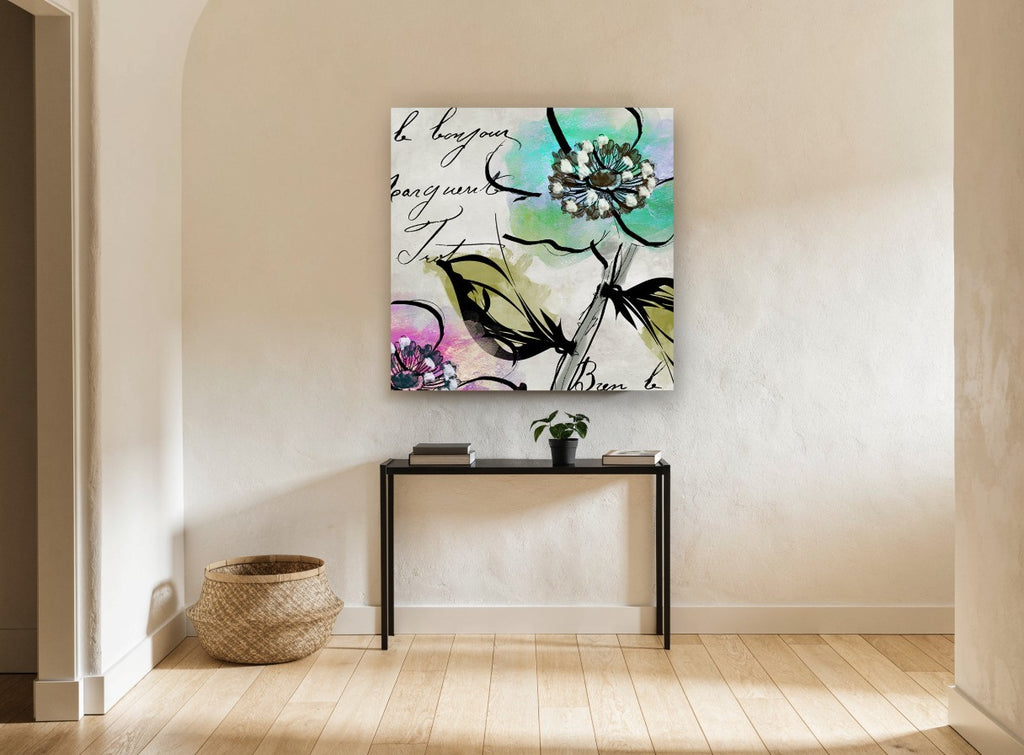 Bonjour Blossom Script floral canvas print on the wall of a hallway
