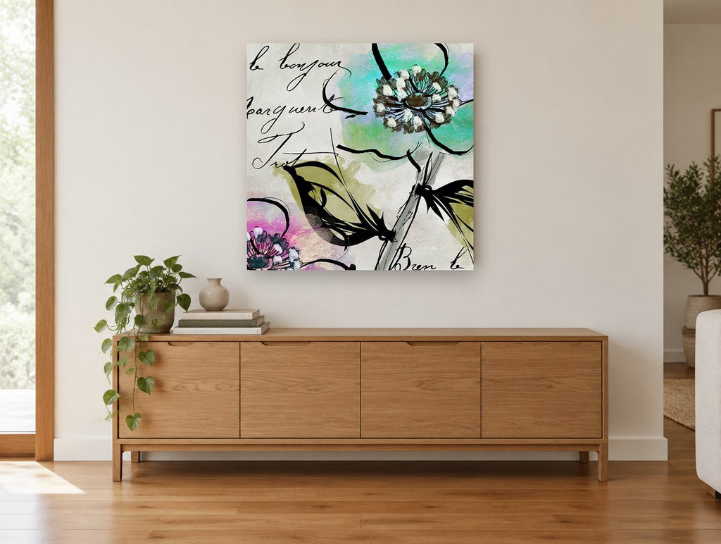 Bonjour Blossom Script floral canvas print on the wall of a living room above a sideboard