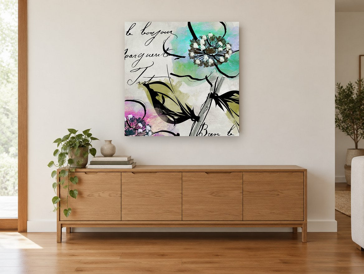 Bonjour Blossom Script floral canvas print on the wall of a living room above a sideboard