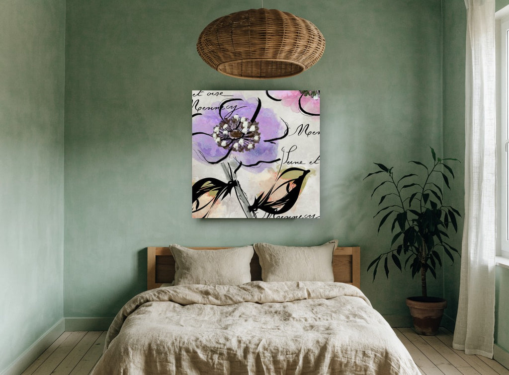 Lilac Bloom Script floral canvas print on the wall of a bedroom
