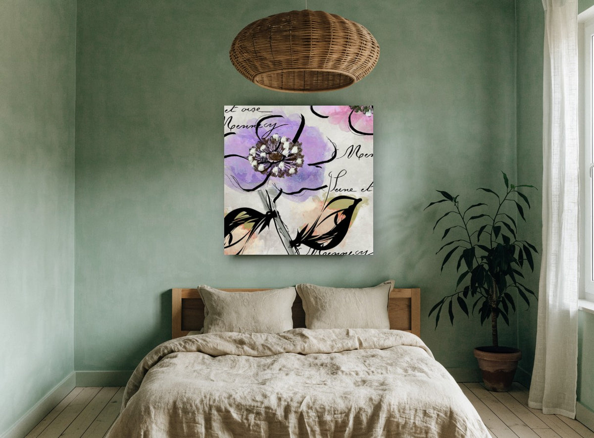 Lilac Bloom Script floral canvas print on the wall of a bedroom