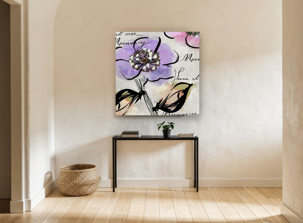 Lilac Bloom Script floral canvas print on the wall of a hallway
