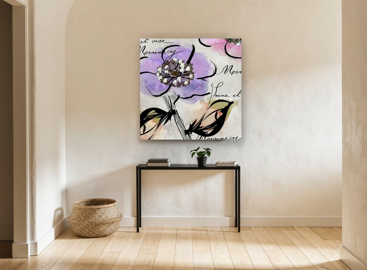 Lilac Bloom Script floral canvas print on the wall of a hallway