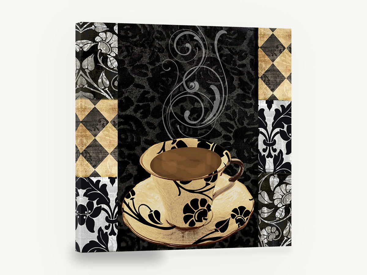 Noir Damask Coffee Cup, coffee cup damask black gold kitchen, kitchen canvas wall art print ready to hang