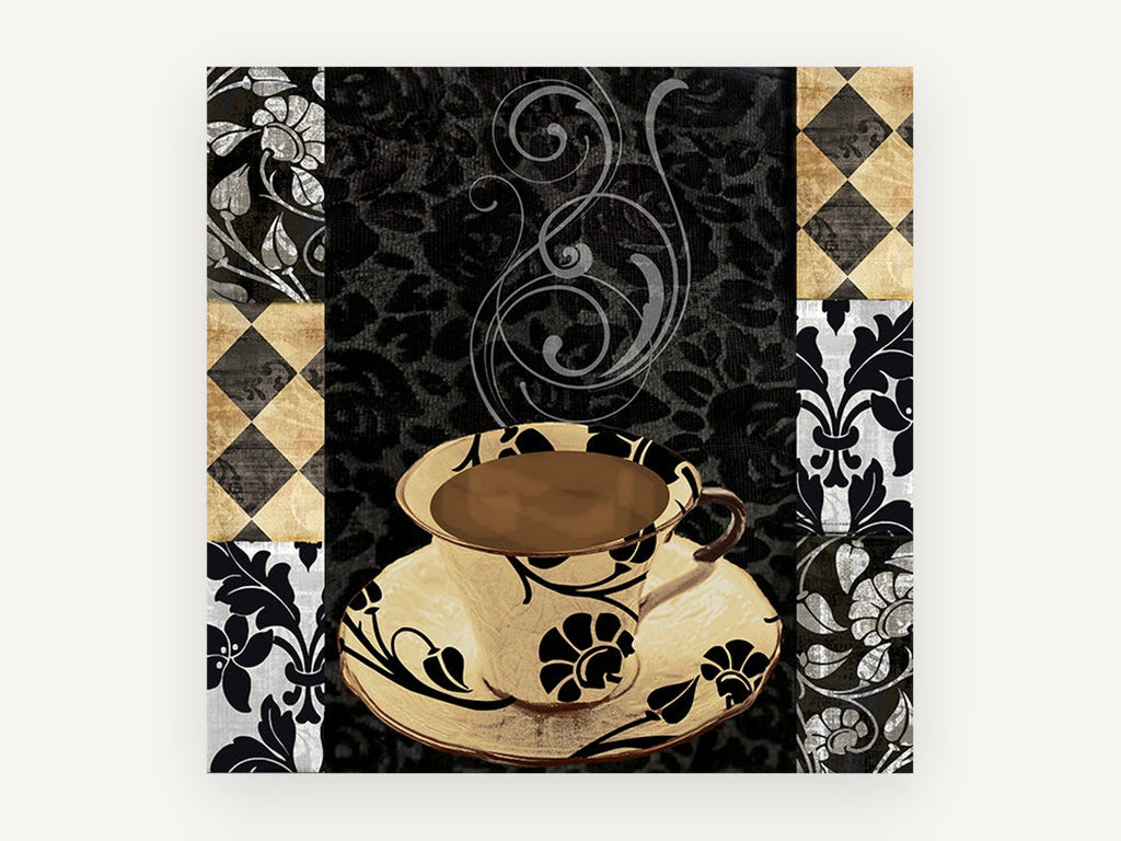 Noir Damask Coffee Cup, kitchen canvas wall art print, front view