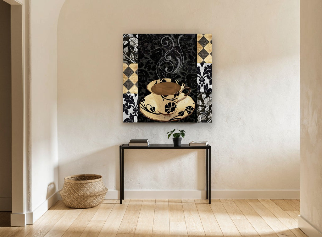 Noir Damask Coffee Cup kitchen canvas print on the wall of a hallway