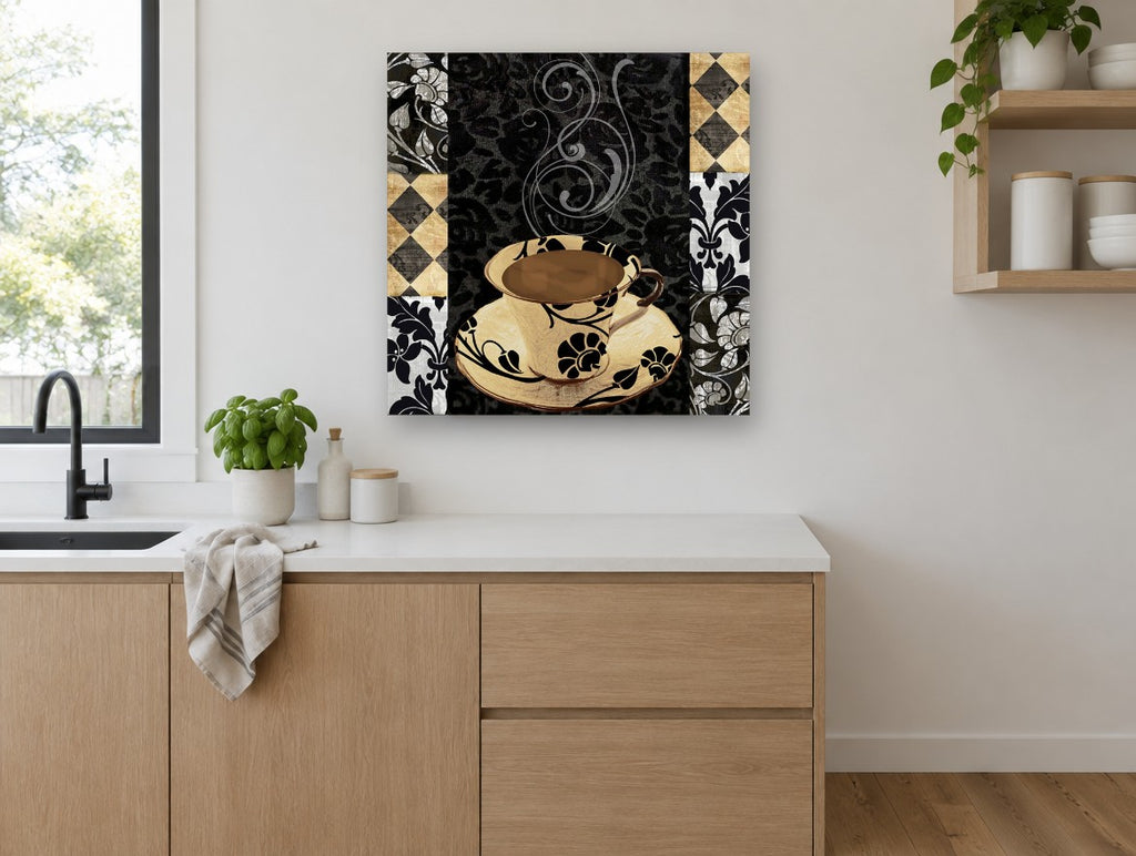 Noir Damask Coffee Cup kitchen canvas print on the wall of a kitchen