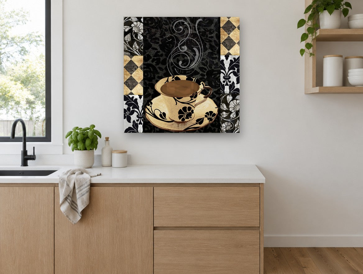 Noir Damask Coffee Cup kitchen canvas print on the wall of a kitchen