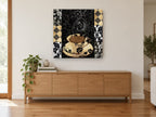 Noir Damask Coffee Cup kitchen canvas print on the wall of a living room above a sideboard
