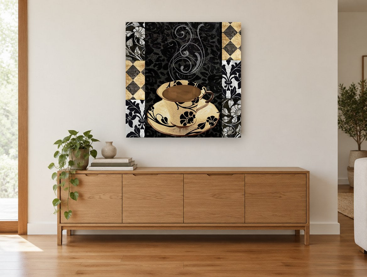 Noir Damask Coffee Cup kitchen canvas print on the wall of a living room above a sideboard
