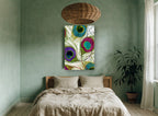 Jewelled Peacock Plumes animal canvas print on the wall of a bedroom