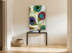 Jewelled Peacock Plumes animal canvas print on the wall of a hallway